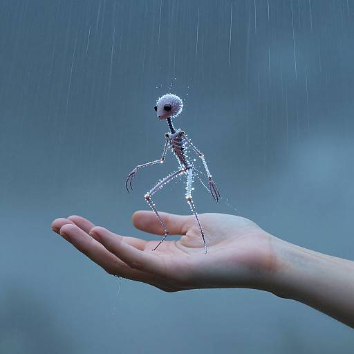 Photograph of a small, sparkling, skeletal creature with large eyes and long limbs, standing on a hand under falling raindrops against a blurred blue-gray