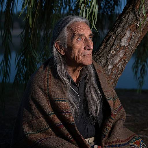 Photograph of an elderly man with long gray hair, wearing a brown plaid jacket, sitting under a tree at dusk, gazing pensively into