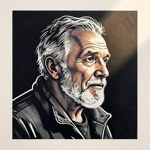 Digital drawing of a stern, elderly man with white hair and beard, illuminated from the right, wearing a dark jacket. High-contrast black and white