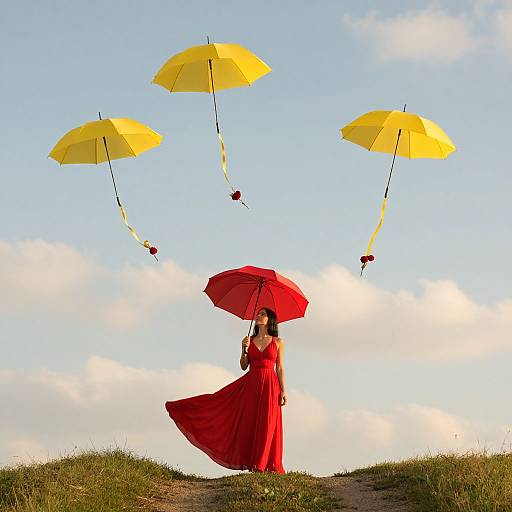 Photograph of a woman in a flowing red dress holding a red umbrella, standing on a grassy hill with three yellow umbrellas floating in the blue