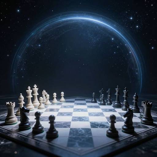 Digital artwork of a glowing chessboard in space, with white and black pieces, under a bright blue halo-like glow.