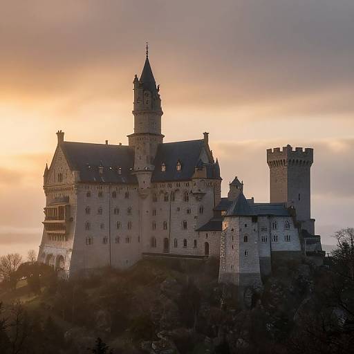 Photograph of Neuschwanstein Castle at sunset, with warm orange and purple sky, silhouetting the Gothic-style, gray stone, turre