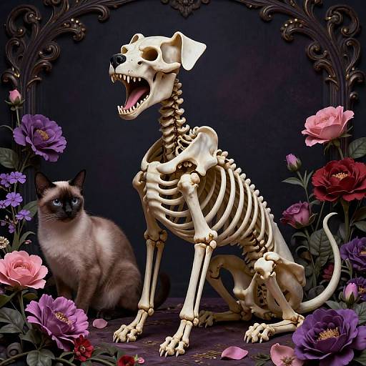 Skeletal Dog Amidst Vibrant Blooms