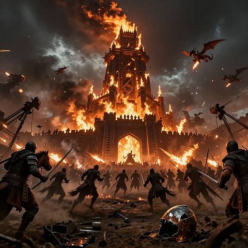Photograph-style CGI: Dark, chaotic battle scene in front of a blazing, ruined cathedral, with armored soldiers wielding swords and arrows, surrounded by flying
