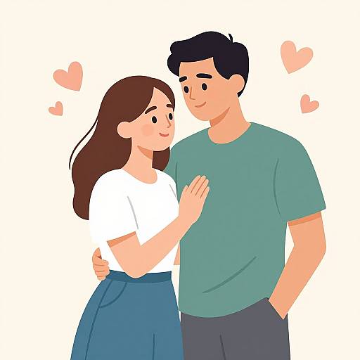 Digital illustration of a smiling couple; woman with brown hair in white top and blue skirt, man in green shirt, hearts around them.