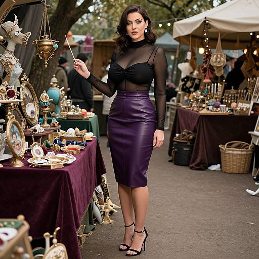 Photograph of a curvy woman with dark hair, wearing a black sheer top and purple leather skirt, browsing vintage teaware at an outdoor market.