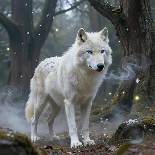 Photograph of a mystical white wolf with piercing blue eyes, standing in a foggy forest, surrounded by glowing fireflies and sparkling snowflakes.