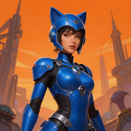 Digital art of a fierce, dark-haired woman in a blue, cat-eared, futuristic armor suit, standing in a vibrant, orange-sky sci