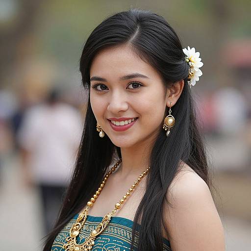 Photograph of an Asian woman with long black hair, wearing a green and gold patterned top, gold jewelry, and a white flower in her hair