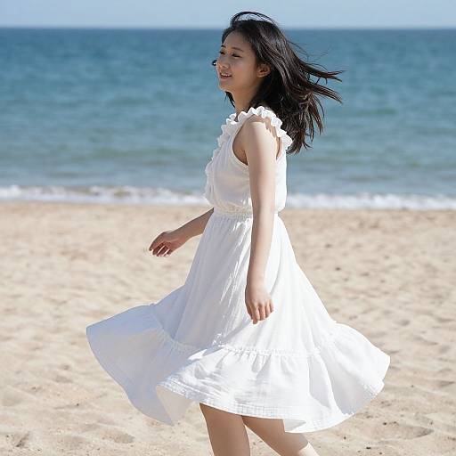 Asian woman with long black hair, wearing a flowing white sleeveless dress, smiles joyfully on a sunny beach with blue ocean in the background. Photograph