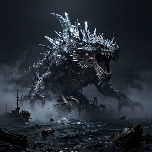 Colossal Leviathan with Crystalline Spikes in Dark Ocean