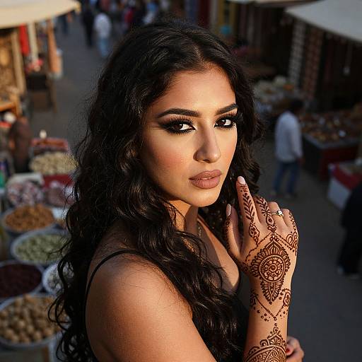Photograph of a beautiful woman with long black wavy hair, dark eyes, and intricate henna designs on her hand, standing in a bustling outdoor