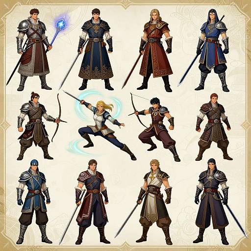 Digital illustration of nine fantasy warriors in various poses and outfits, each holding swords or magical elements, against a white background with a beige border.