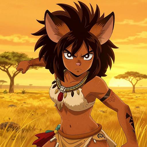 Digital artwork of an anthropomorphic, dark-skinned, brown-haired cat-girl warrior with fierce expression, wearing tribal attire, set against a golden savanna