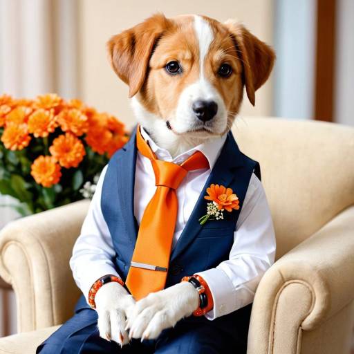 Dog in Formal Suit with Orange Tie and Flower