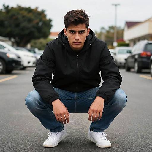 Photograph of a young man with short dark hair, wearing a black hoodie, blue jeans, and white sneakers, squatting on an asphalt road with