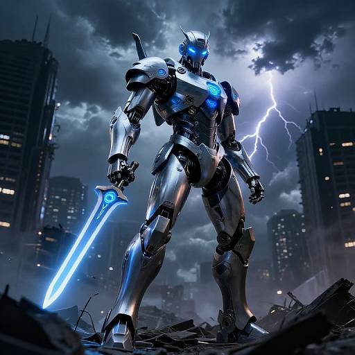 Digital art of a glowing blue, robotic warrior with a neon sword, standing amid a stormy cityscape with lightning and skyscrapers.