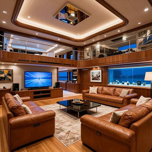 Luxurious modern living room with brown leather sofas, glass ceiling, recessed lighting, blue TV screens, wooden floors, and abstract art.
