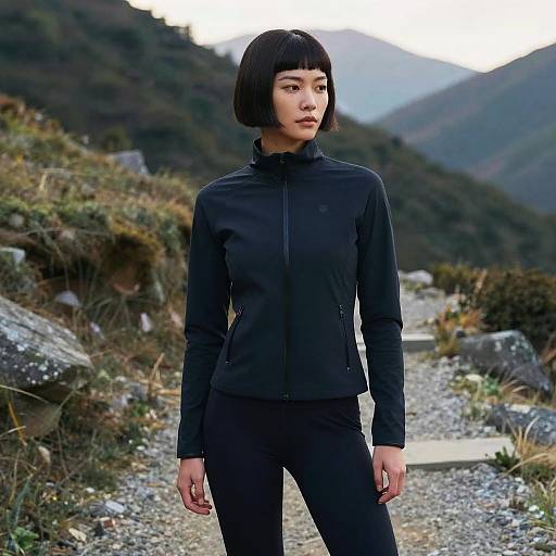 Asian woman with short black bob haircut, wearing black athletic jacket and pants, stands on rocky mountain path, surrounded by grass and rocks. Photograph.
