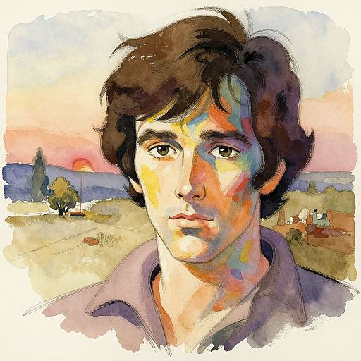 Watercolor portrait of a young man with dark brown hair, soft features, and colorful light reflections, set against a sunset landscape.