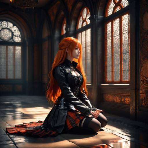 Young Woman in Gothic Attire at Church Window