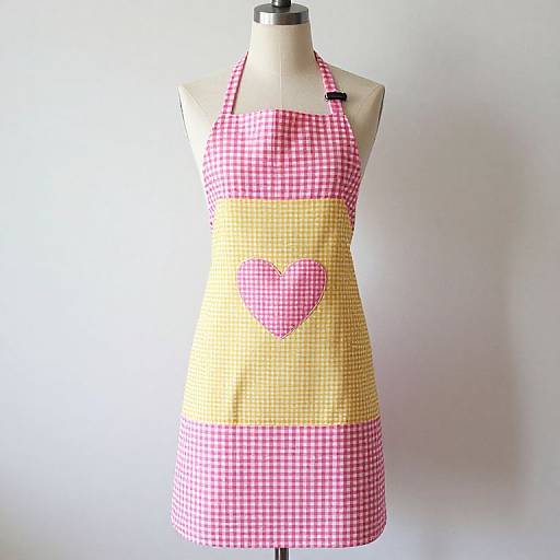 Photograph of a pink and yellow gingham apron with a pink heart, displayed on a mannequin against a plain white background.