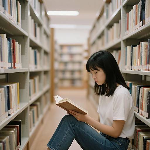 Photograph of an Asian woman with black hair, wearing a white t-shirt and blue jeans, sitting between library shelves, intently reading a book.