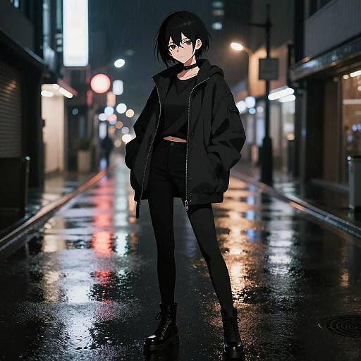 Androgynous Anime Girl in Rainy Night