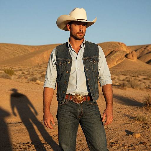Photograph of a bearded man in a white cowboy hat, white shirt, and blue denim vest, standing in a desert with rocky hills and clear