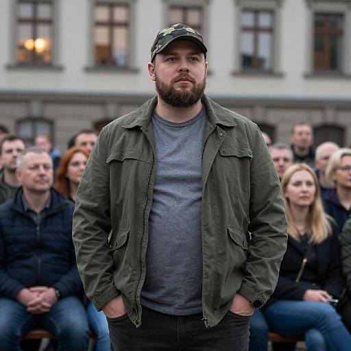 Bearded Man in Green Jacket Among Crowd