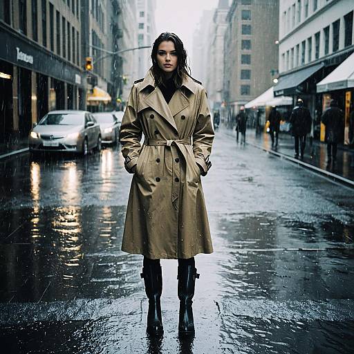 Woman in Trench Coat on Wet Street