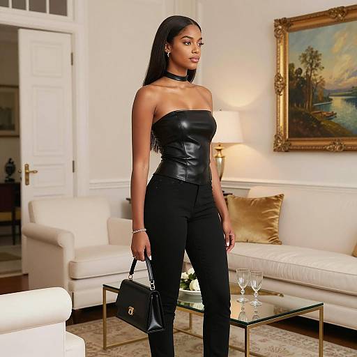 Elegant Woman in Black Leather Outfit in Living Room