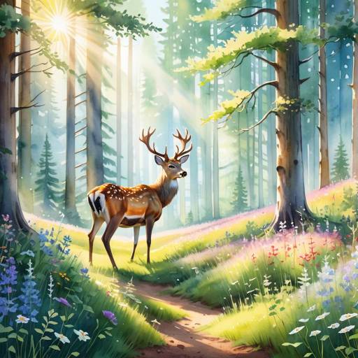 Serene Sunlit Forest with Grazing Deer Serene Sunlit Forest with Grazing Deer