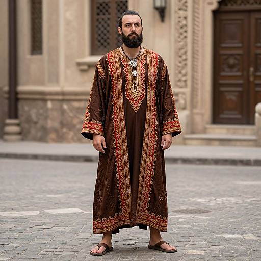 Photograph of a bearded man with dark hair, wearing an ornate brown robe with red and gold embroidery, standing on a cobblestone street