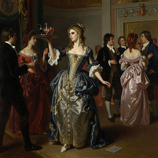 Baroque-style painting: Elegant woman in elaborate blue and gold gown, holding tray with wine glasses, surrounded by nobles in 18th-century attire