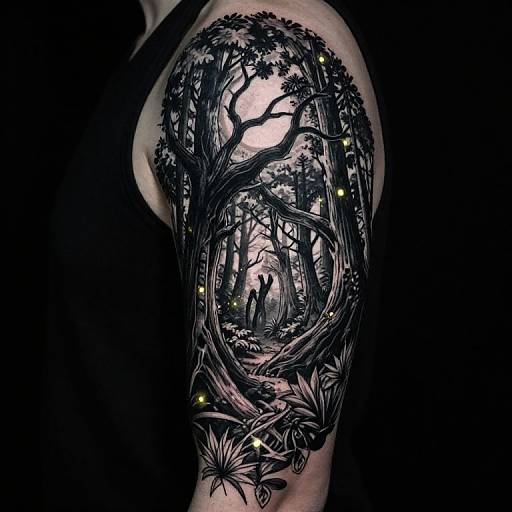 Intricate black tattoo on a muscular arm, featuring a forest scene with silhouetted figures and glowing fireflies, rendered in detailed grayscale.