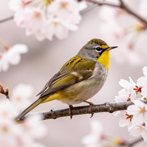Photograph of a small, yellow-throated warbler perched on a branch, surrounded by blurred white cherry blossoms in the background.