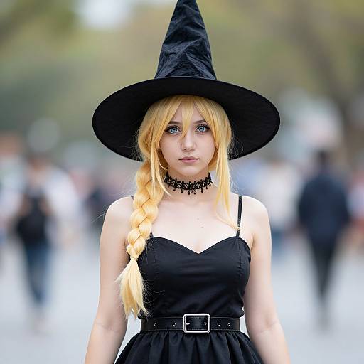 Photograph of a blonde woman in a black witch costume with a pointed hat, braided hair, choker, and black dress, standing in a