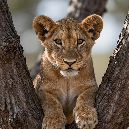 Young Lion Cub Clinging to Tree