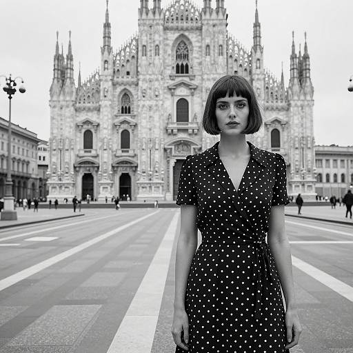 Woman in Polka Dot Dress in Front of Milan Cathedral