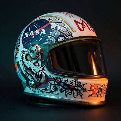 Glow-in-the-dark motorcycle helmet with vibrant blue, white, and orange neon accents, detailed skull and abstract patterns, set against a dark background.