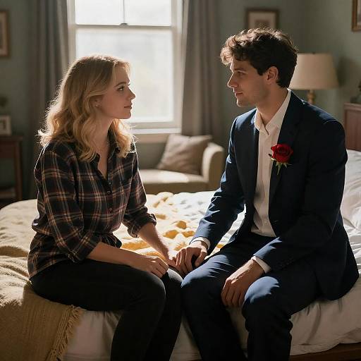 Sunlit Couple Holding Hands on Bed