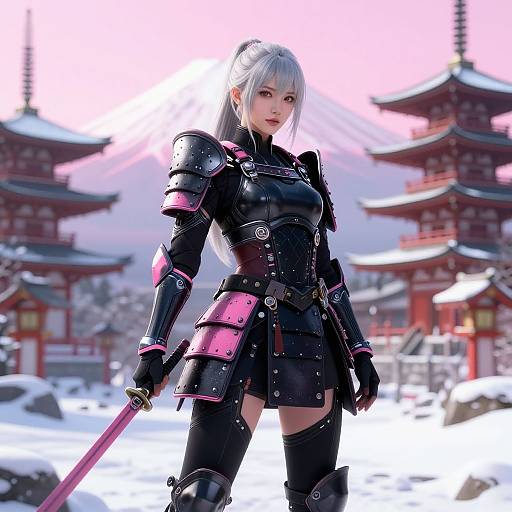 Digital anime-style image of a silver-haired woman in black armor with pink accents, holding a pink sword, standing in a snowy temple courtyard with traditional red