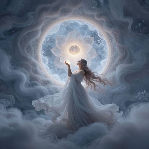 Digital painting of a ethereal woman with long brown hair, in a flowing white dress, reaching towards a bright, glowing moon surrounded by swirling clouds and