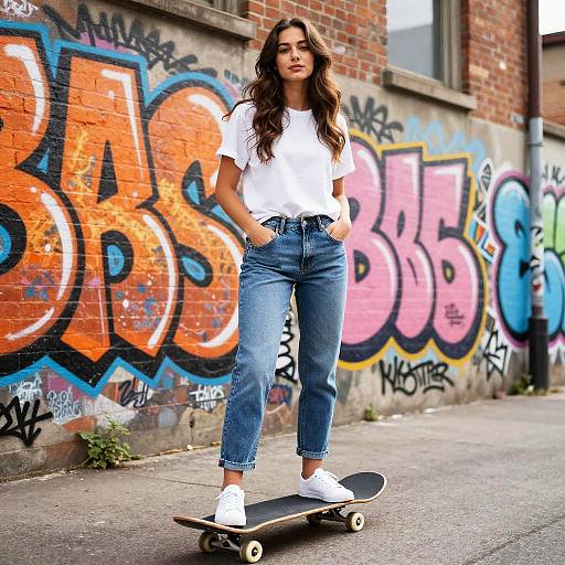 Photograph of a young woman with long brown hair, wearing a white t-shirt and blue jeans, standing on a skateboard in front of colorful graffiti on