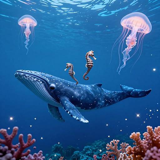 Photograph of a majestic blue whale with two jellyfish and a seahorse swimming above a vibrant coral reef underwater.