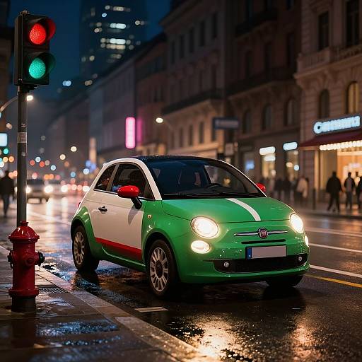 Photograph of a green and white Smart car driving on a rainy, illuminated city street at night, with a red fire hydrant and green traffic light