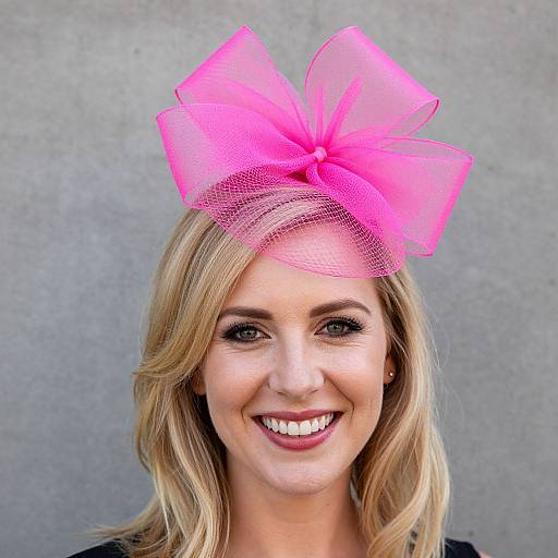 Photograph of a smiling blonde woman with light skin, wearing a bright pink, oversized, sheer bow headband, against a gray background.