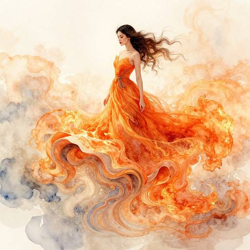 Digital painting of a woman with flowing black hair in a fiery orange dress, surrounded by swirling flames and smoke.