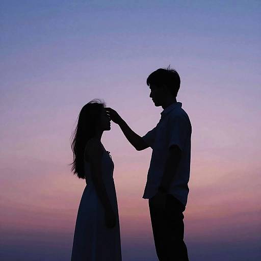 Silhouetted couple against a twilight sky, girl touching boy's hair, gradient colors from pink to blue, romantic, serene, sunset backdrop.